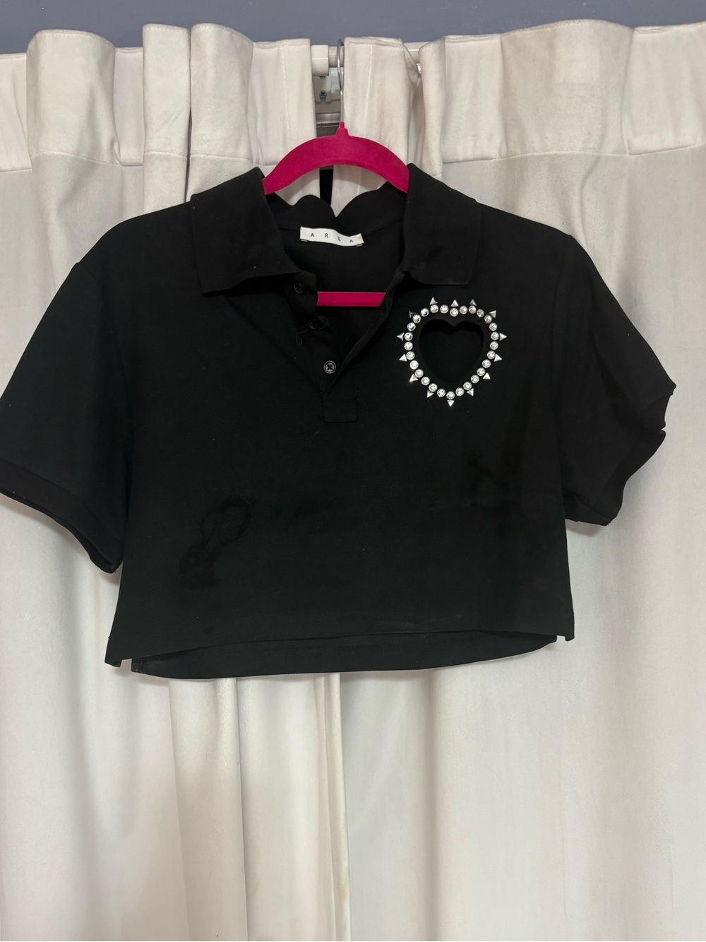AREA Black Cropped Polo Top with Heart Rhinestone Detail